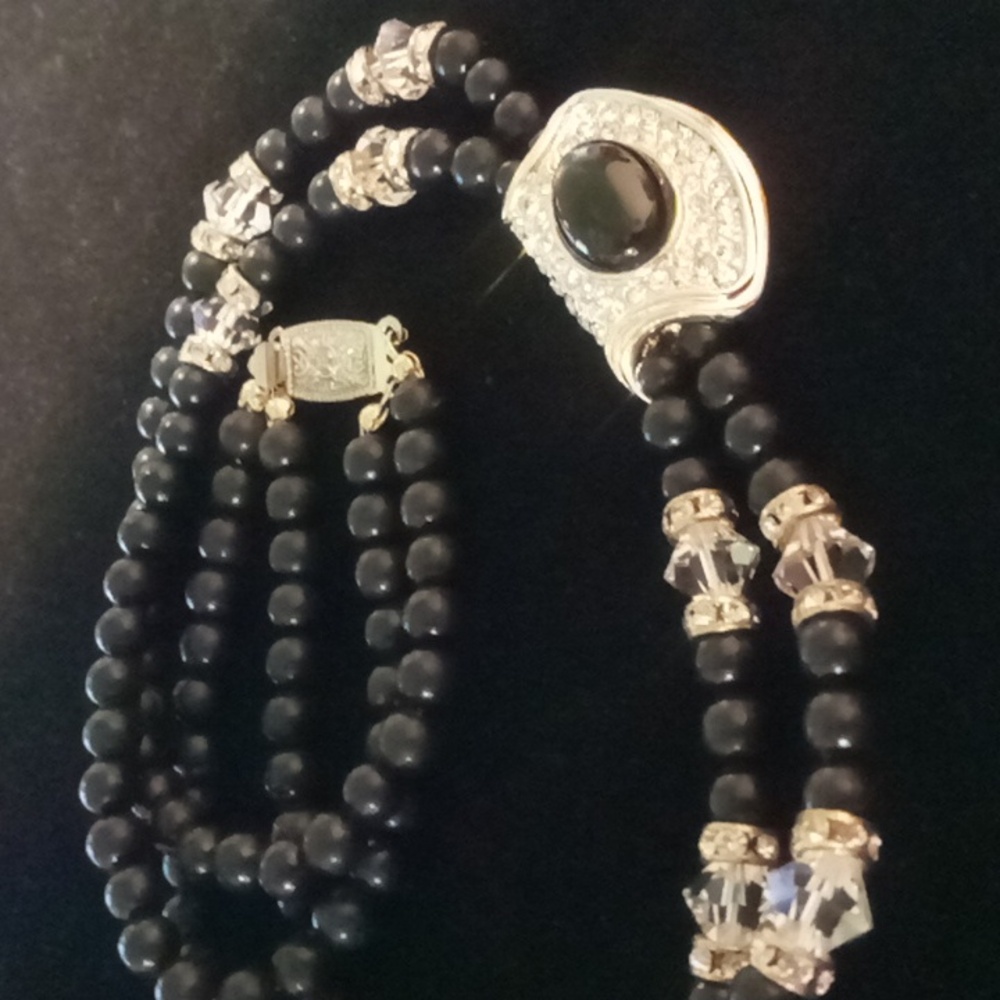 Vintage black onyx & lead crystal Collar  necklace 16 inches long & layered .
